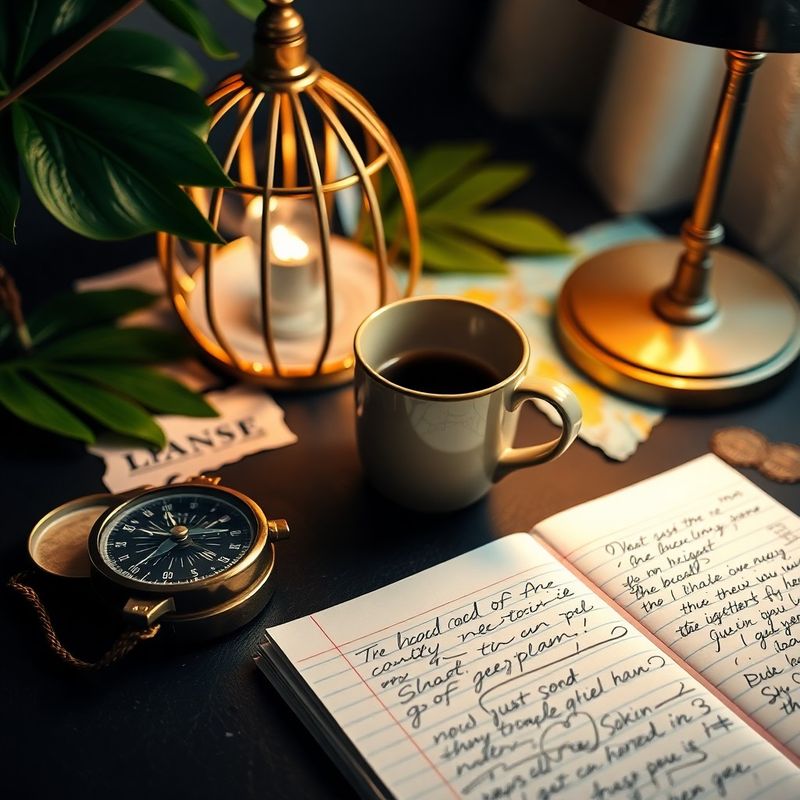 Notas de viaje manuscritas, una brújula vintage y una taza de café sobre un escritorio oscuro