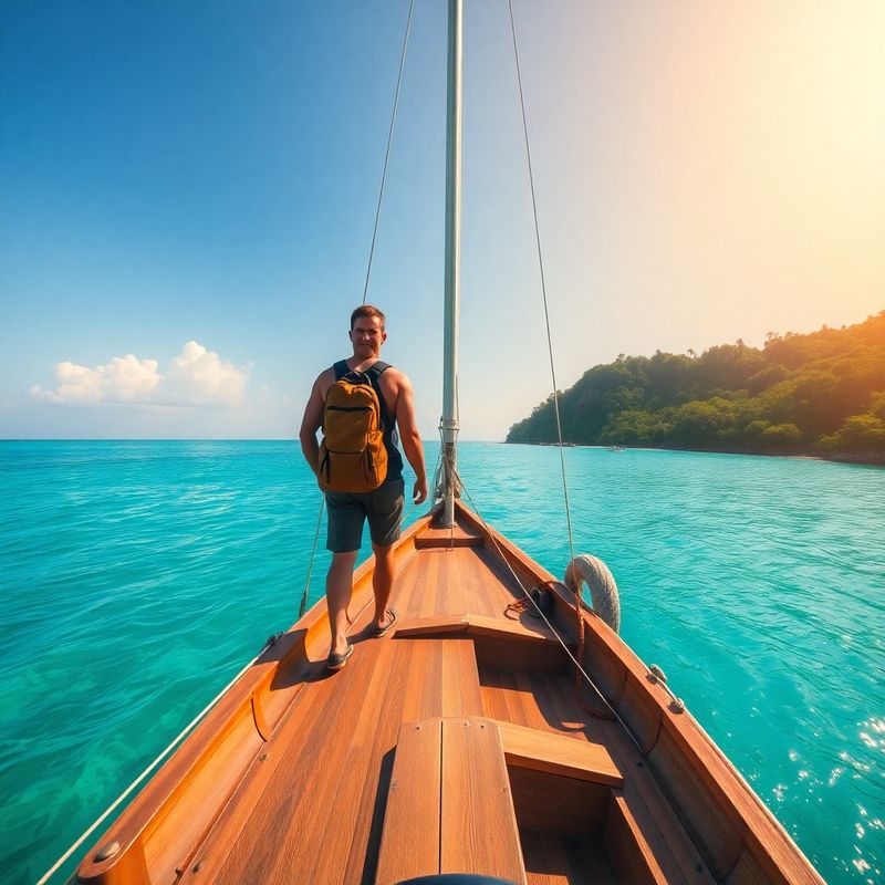 Viajero en la proa de un velero de madera sobre aguas turquesa del Caribe