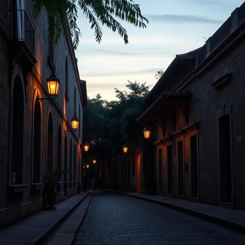 Calle empedrada de Antigua Guatemala iluminada con faroles dorados al anochecer