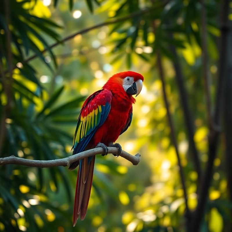 Lapa roja posada sobre una rama en el bosque lluvioso de la Península de Osa